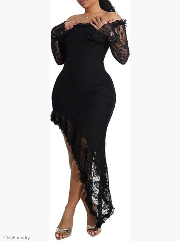 Off Shoulder Lace Mesh Dress Long Sleeve Hi-Low Bodycon Cocktail Party